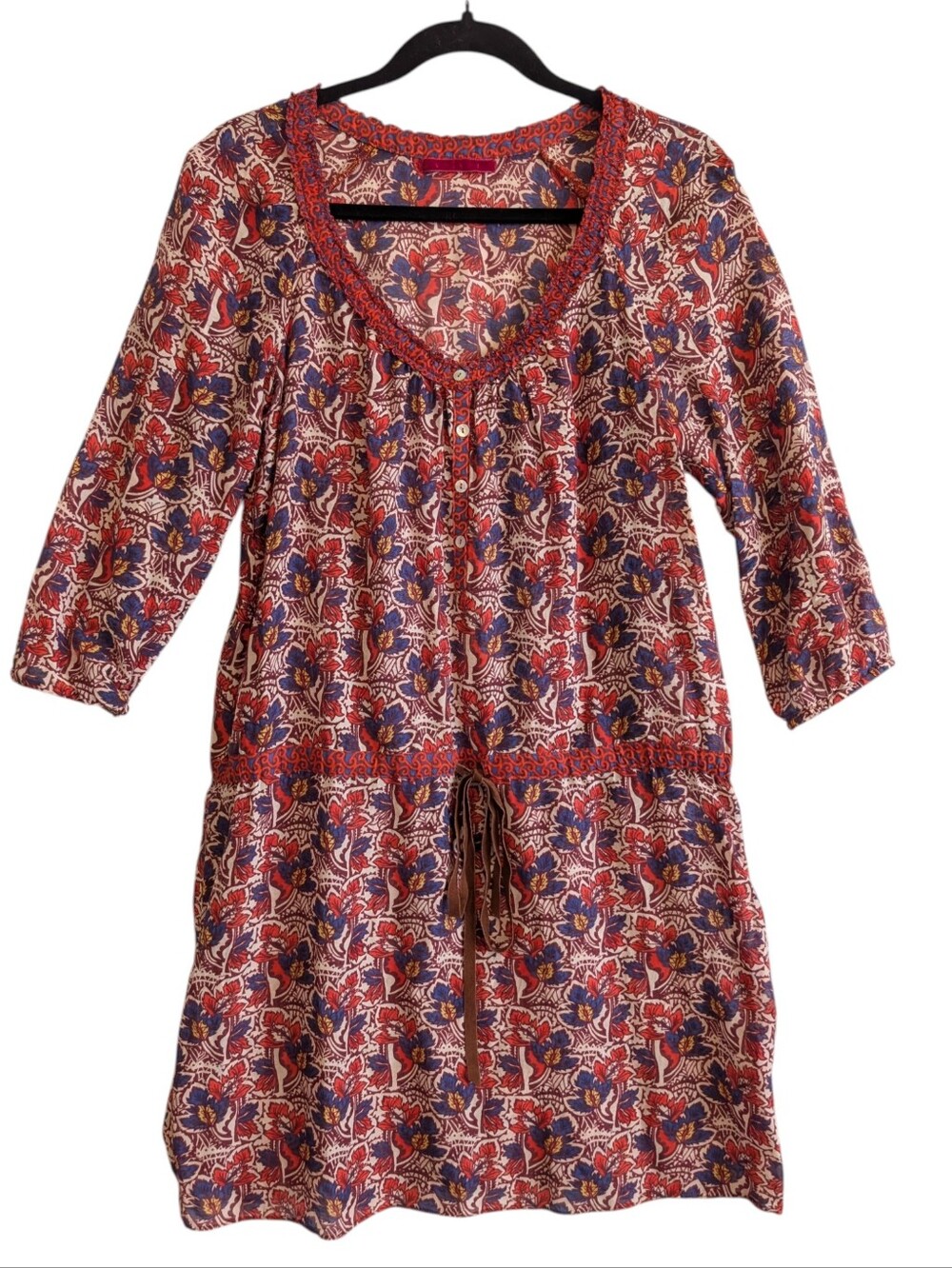 VELVET Graham & Spencer Silk Blend peasant 3/4 sleeve Mini Dress Tunic Floral